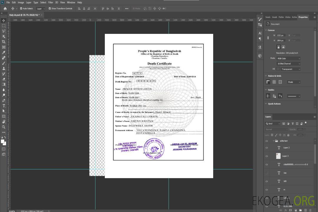 Modèle de certificat de décès du Bangladesh au format PSD, template